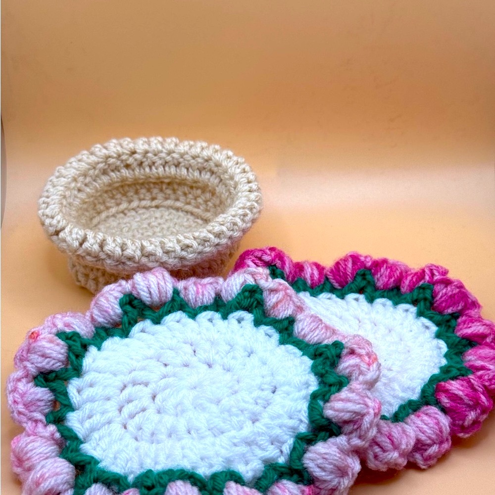 SOLD! Sweet Blush Crochet Floral Coasters in Pot